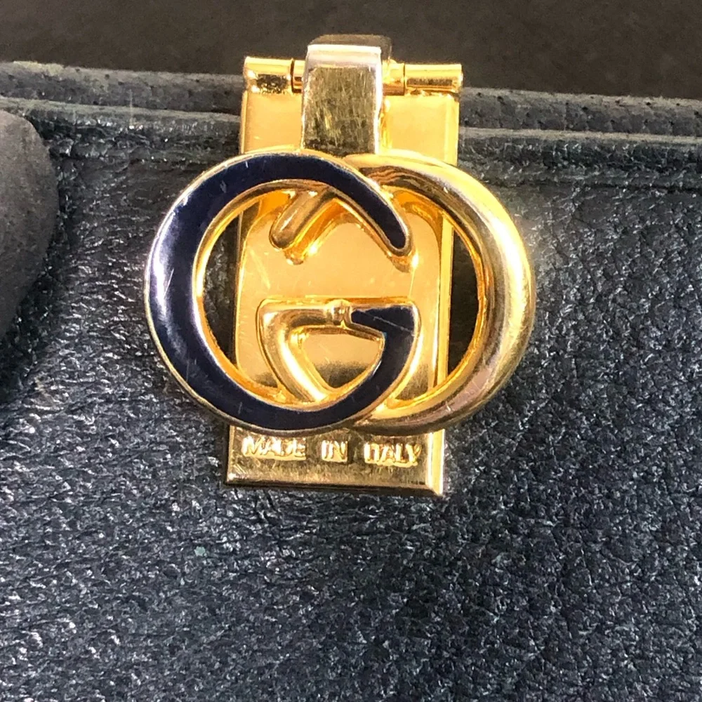 GUCCI GG Web Monogram Navy Blue Leather Coated Canvas Compact Bifold Wallet